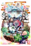  animal bodypaint building clover cross egasumi four-leaf_clover full_body highres hug looking_at_viewer minimaru no_humans ookami_(game) plant red_hair shrine snowman totem_pole tree wolf 