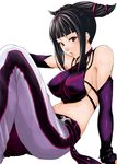  bangs bare_shoulders belt black_hair bracelet breasts coelacanth_(gyotaku) covered_nipples detached_sleeves drill_hair gloves halter_top halterneck han_juri impossible_clothes impossible_shirt jewelry large_breasts navel open_mouth pants red_eyes shirt sideboob simple_background solo spiked_bracelet spikes street_fighter street_fighter_iv_(series) twin_drills 