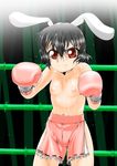  anbx|rick animal_ears black_hair boxing boxing_gloves boxing_shorts bunny_ears flat_chest highres inaba_tewi nipples red_eyes short_hair shorts side_slit side_slit_shorts smile solo sweat topless touhou 