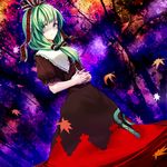  bad_id bad_pixiv_id bow chirigami-san dress forest front_ponytail green_eyes green_hair hair_bow hair_ribbon hands_clasped kagiyama_hina leaf looking_at_viewer maple_leaf nature own_hands_together ribbon sad short_hair solo standing touhou tree 