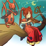  bow branch closed_eyes crescent_moon double_bun dress facial_hair gen_4_pokemon hitec instrument kricketune leaf moemon moon mustache night personification pokemon pokemon_(creature) red_hair smile star twintails violin 