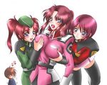  1boy 3girls belt blue_eyes blush breast_grab breasts brown_hair flay_allster garrison_cap grabbing group_sex gundam gundam_seed gundam_seed_destiny happy hat kira_yamato long_hair lunamaria_hawke male meyrin_hawke multiple_girls open_mouth ponytail purple_hair red_hair sex short_hair shy skirt sweat thighhighs threesome twintails uniform yuri 