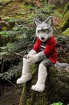  forest fursuit looking_at_viewer male mammal nature real sitting solo stick tree trees unknown_artist wolf wood yellow_eyes 