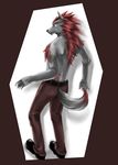  canine clothed clothing dog fur grey_fur hair half-dressed looking_back male mammal red_eyes red_hair simple_background sky_(artist) solo standing topless 