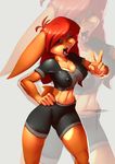  anthro big_breasts blowup_background breasts buckteeth clothed clothing female grey_background hair lagomorph lipstick long_hair looking_at_viewer mammal navel one_eye_closed open_mouth orange orange_body pink_nose plain_background rabbit red_eyes red_hair solo tail tight_clothing white-devil wink 