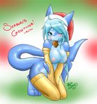  arms bent_over blue blue_eyes blue_hair blush breasts chocolate christmas closed_legs clothed clothing female fins fish gloves hair half-dressed hat holidays kneeling legs legwear long_hair long_tail looking_at_viewer marine myrl nekostar nipples one_eye_closed partially_clothed santa_hat shark signature solo stockings tail tree wink xmas yellow 