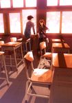  1girl black_legwear brown_hair classroom closed_eyes desk highres long_hair original school_desk shoes skirt thighhighs tsurusaki_yuu uwabaki 