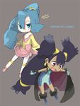  big_hair black_hair blue_eyes blue_hair cape chibi choker cosplay costume_switch dark_skin earrings gloves gym_leader hair_ornament ibuki_(pokemon) ibuki_(pokemon)_(cosplay) iris_(pokemon) iris_(pokemon)_(cosplay) jewelry long_hair multiple_girls open_mouth pokemon pokemon_(game) pokemon_bw pokemon_hgss ponytail purple_eyes simple_background two_side_up ueshita very_long_hair 