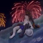  blue_eyes chest_tuft claws colored couple fireworks gay heterochromia leaning_back licking looking_at_each_other male night nude tails tassy tongue topless yellow_eyes 