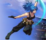  attack blue_eyes blue_hair boots breasts cleavage earrings gloves jewelry leona_heidern medium_breasts midriff official_art ogura_eisuke solo tank_top the_king_of_fighters the_king_of_fighters_xii 