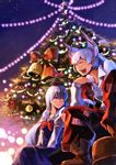  :d bell blush boots christmas christmas_tree closed_eyes fujiwara_no_mokou happy holysnow kamishirasawa_keine laughing multiple_girls night night_sky open_mouth sitting sky smile touhou 