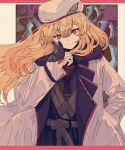  bangs belt blonde_hair bug butterfly coat copyright_request fur_trim hair_between_eyes hand_in_pocket hat highres insect kogecha_(coge_ch) long_hair looking_at_viewer red_eyes smile solo upper_body white_coat white_hat 