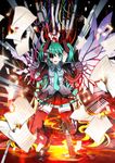 aqua_eyes aqua_hair blurry cable depth_of_field fire flying_paper foreshortening guitar hakoiri_nekohime hatsune_miku highres instrument keyboard_(instrument) long_hair mechanical_parts molten_rock musical_note necktie paper skirt solo thighhighs torn_clothes twintails vocaloid wings zettai_ryouiki 