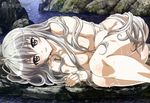  absurdres breasts cleavage highres kasugano_sora large_breasts legs long_hair lying megami murayama_kousuke non-web_source nude official_art on_side silver_hair solo thighs very_long_hair water wet yosuga_no_sora 