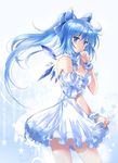  alternate_costume alternate_hairstyle bare_shoulders blue_hair bow breasts cirno cleavage dress duplicate finger_to_mouth hair_bow highres long_hair medium_breasts older pico_(picollector79) ponytail solo touhou wings wrist_cuffs 