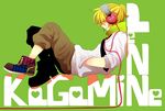  actcat3 bad_id bad_pixiv_id black_neckwear blonde_hair character_name full_body green_background green_scarf hands_in_pockets headphones heart highres kagamine_len male_focus necktie pants plaid plaid_footwear ponytail scarf shoes smile solo vocaloid 