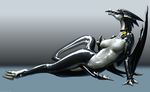  arms black breasts claws closed_legs collar crossgender dragon female gradient_background grey_background kemono_inukai latex leaning legs lying nipples on_side plain_background pussy rubber shiny simple_background skyshadow solo tail tail_between_legs white white_body wings 