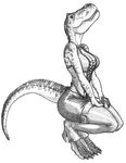  2008 bodice breasts digitigrade dinosaur eyebrow_piercing female leggings looking_back predaguy scalie shorts solo t-rex tail teeth 