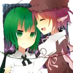  animal_ears antennae bad_id bad_pixiv_id closed_eyes earrings green_eyes green_hair hat jewelry multiple_girls mystia_lorelei pink_hair short_hair tapa tears touhou upper_body wings wriggle_nightbug 