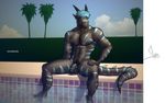  anthro balls bgn biceps big_muscles black_dragon blue_hair dragon flaccid hair hairy horn kaidragon looking_at_viewer male muscles nude palm_tree pecs penis pool pose solo uncut water 