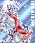  &hearts; balls barbs blush ear_piercing earring erection feline fingerless_gloves gloves grey hair half-closed_eyes katsuke katsuke_(character) looking_at_viewer male necktie nude penis piercing red red_eyes sheath solo standing stripes tail white_hair 