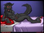  bed black breasts canine fangs female grin keanon_woods nipples nude on_side pose red_eyes solo tail teeth wolf 