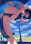  amputee aratagawa_nikei ass bent_over blue_eyes brown_hair day from_below gym_uniform hands looking_at_viewer midriff original outdoors panties panty_peek prosthesis ringed_eyes shade short_hair shorts solo sportswear track track_and_field underwear upshorts 