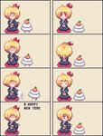  :&gt; ahoge blonde_hair bowing cake closed_eyes comic english food kagami_mochi kyako_youkan new_year no_eyes no_mouth o_o open_mouth pixel_art red_eyes rumia smile touhou 