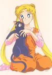  bishoujo_senshi_sailor_moon blonde_hair cat footwear kazu. luna_(sailor_moon) official_art overalls smile socks tsukino_usagi 