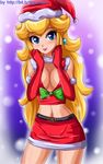  blonde_hair blue_eyes blush breasts christmas cleavage closed_mouth hat large_breast large_breasts lips long_hair nintendo panties princess_peach santa_costume santa_hat sigurd_hosenfeld sigurdhosenfeld solo super_mario_bros. underwear 