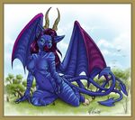  bethany_sellers demon dragon female hooves horn horns kneeling multiple_tails purple_hair solo tail vera wings 