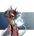  armor clothing dragon female hair horns magic midriff navel red_hair scalie solo spiky_hair spines standing tail tsampikos 