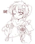  bare_shoulders collarbone covering covering_breasts eyeball flat_chest gekkou_ookami hairband komeiji_satori monochrome navel off_shoulder one_eye_closed open_clothes open_shirt shirt short_hair sketch solo third_eye touhou undressing upper_body 