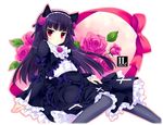  animal_ears black_dress black_hair black_legwear blush cat_ears dress flower gokou_ruri gothic_lolita hairband jitome lolita_fashion long_hair mitha ore_no_imouto_ga_konna_ni_kawaii_wake_ga_nai pantyhose pink_eyes pink_flower pink_rose purple_flower purple_rose red_eyes rose solo 