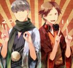  2boys brown_eyes brown_hair grey_hair hanamura_yousuke headphones japanese_clothes kimono male_focus multiple_boys narukami_yuu new_year one_eye_closed persona persona_4 shion_(kizuro) 