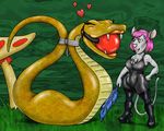  anthro anthro_bestiality ball_gag bdsm bondage boots camel_toe domination feather female feral hearts leather mouse mushroom pink_hair rodent rope snake zymurgea 