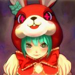  1girl animal_costume animal_ears animal_hood aqua_hair bad_id bad_pixiv_id bangs bow bunny_hood closed_mouth ear_ribbon face green_bow green_eyes green_hair hatsune_miku hood lace lips looking_at_viewer lots_of_laugh_(vocaloid) ocaca_(chocolate-hopper) portrait puffy_sleeves red_bow red_lips red_neckwear smile solo vocaloid yellow_eyes 