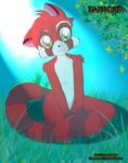  cute jamesfoxbr looking_at_viewer male nude outside plants ramond_(character) red red_panda sitting solo tail woodland yellow_eyes 