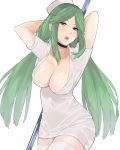  1girl breasts dress goddess green_eyes green_hair hat highres j@ck jewelry kid_icarus kid_icarus_uprising large_breasts long_hair looking_at_viewer necklace nintendo nurse nurse_cap open_mouth palutena pole solo super_smash_bros. super_smash_bros._ultimate thighhighs tiara tongue tongue_out twintails very_long_hair 