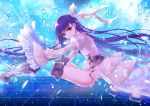  1girl armored_boots ass blue_eyes boots crotch_plate fate/grand_order fate_(series) from_side hair_ribbon long_hair long_sleeves looking_at_viewer meltlilith puffy_sleeves purple_hair revealing_clothes ribbon sato_ame sleeves_past_wrists smile solo white_ribbon 