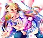  animal_ears bad_id bad_pixiv_id black_legwear blush bunny_ears carrot eating idolmaster idolmaster_(classic) idolmaster_2 long_hair minase_iori natsu_(anta_tte_hitoha) open_mouth skirt smile solo sweater thighhighs 