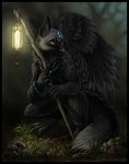  background black canine female forest fox lantern necklace night nude polearm solo staff tina_leyk tree wings 