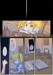  1girl blonde_hair blue_sailor_collar calendar_(object) clock comic curtains jizeru_(giselebon) kitashirakawa_chiyuri night pen_holder sailor_collar stuffed_animal stuffed_toy teddy_bear thought_bubble touhou touhou_(pc-98) translated window yellow_eyes 