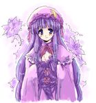  blue_eyes capelet cloak crescent flower hands_on_own_chest hat long_hair long_sleeves oekaki patchouli_knowledge purple purple_hair ribbon smile solo touhou yuni_(manyutin) 