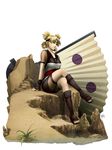  blonde_hair boots fan fingerless_gloves fishnets gloves headband naruto naruto_(series) ninja quad_tails rock sitting solo temari wei 