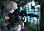  assault_rifle bad_id bad_pixiv_id blue_eyes cqc eotech fingerless_gloves gloves gun heckler_&amp;_koch highres hk416 holding holding_gun holding_weapon izayoi_sakuya knife koh_(minagi_kou) load_bearing_vest maid maid_headdress military_operator rifle silver_hair solo suppressor touhou trigger_discipline vertical_foregrip weapon 