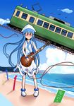  asian_kung-fu_generation bad_id bad_pixiv_id beach bespectacled blue_eyes blue_hair blush dress electric_guitar glasses ground_vehicle guitar hat highres ikamusume instrument kamakura_(city) kanichiri long_hair ocean pantograph parody shinryaku!_ikamusume smile solo tentacle_hair train 