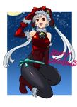  alternate_costume armpits bare_shoulders bell boots capcom_fighting_jam christmas detached_sleeves fangs gloves hat highres ingrid leotard long_hair pantyhose red_eyes red_gloves red_leotard solo tetsu_(kimuchi) white_hair 