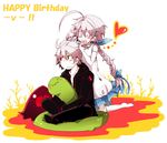  1girl ahoge bad_id bad_pixiv_id black_pants blazblue braid casual closed_eyes dead_spike eyepatch green_eyes happy_birthday heart heterochromia kuro_yuzu nu-13 pants ragna_the_bloodedge red_eyes silver_hair 