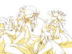  2boys blush cinccino closed_eyes gen_5_pokemon hat lilligant long_hair mogiko monochrome multiple_boys n_(pokemon) pokemon pokemon_(creature) pokemon_(game) pokemon_bw short_hair sleeping touko_(pokemon) touya_(pokemon) yellow 